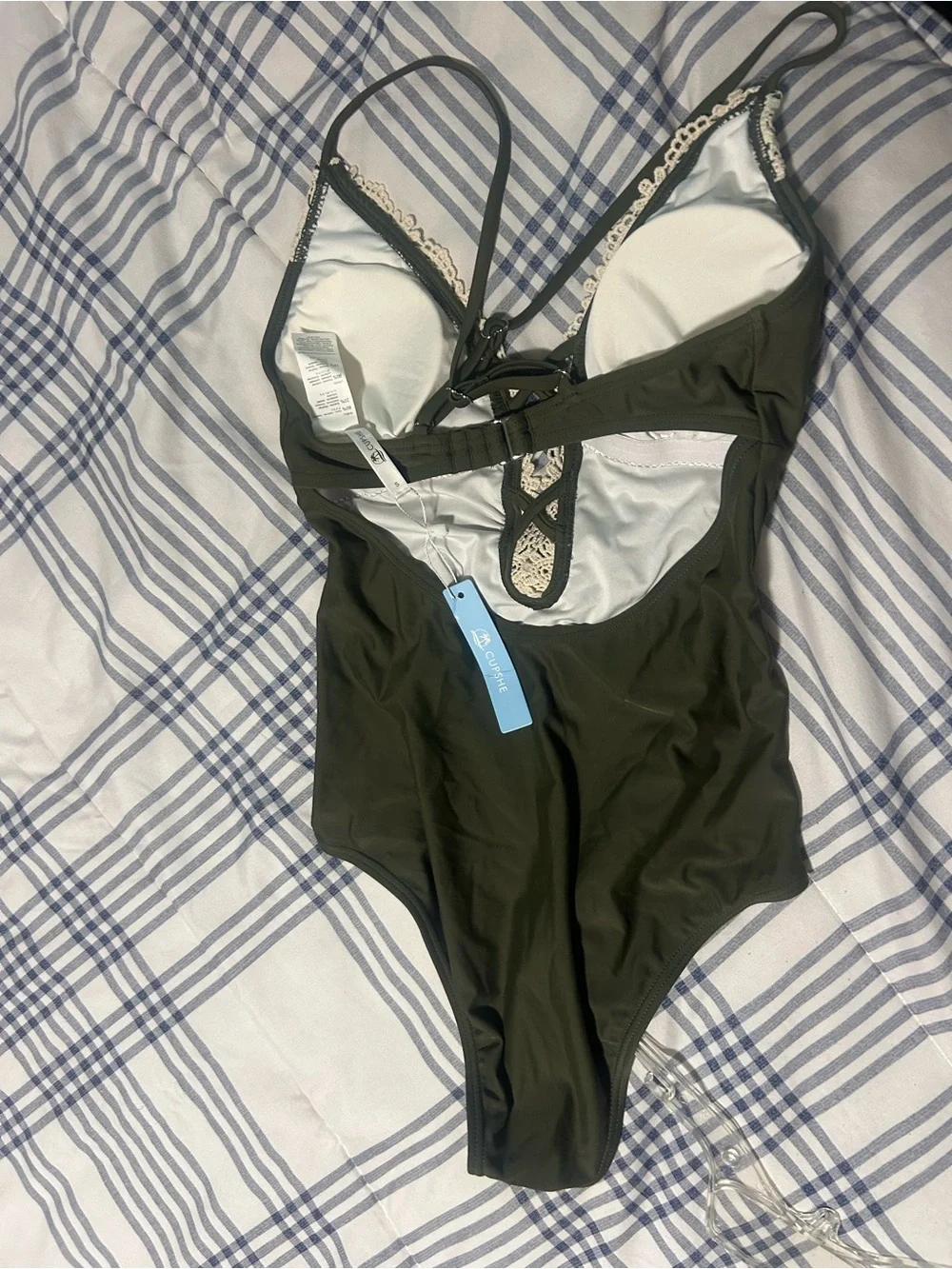 Cupshe Olive One-Piece Swimsuit with Cream Lace Trim